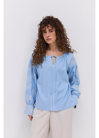 Голубая женская вышиванка с геометрией гладью и завязками на манжетах Arjen (302652035)