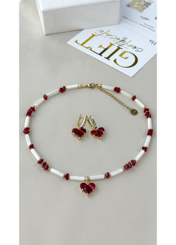 Набір жіночих прикрас кольє і сережки із сердечками в біло-червоному кольорі No Brand (369505262)