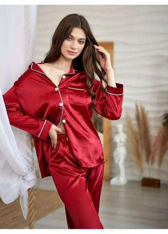 Червона всесезон комплект viktorystyle піжамний атласний домашній жіночий чорний з контрастним кантом сорочка + брюки No Brand Піжама атласна з штанами в стилі Вікторі червоний