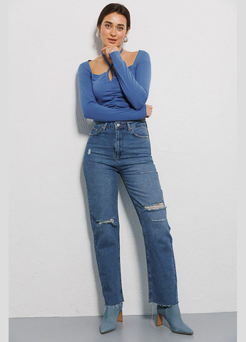 Трикотажний кроп-топ кольору джинс із довгими рукавами та шлейкою через шию Arjen (289756744)