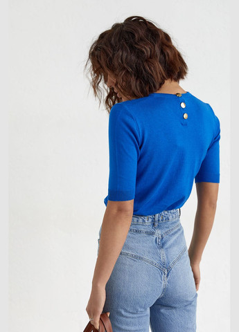 Синяя летняя футболка вязаная с пуговицами на спинке 1458 с коротким рукавом Lurex