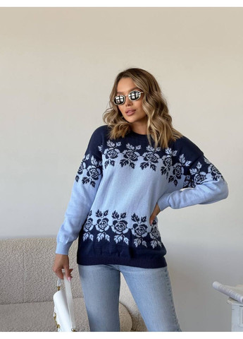 Голубой демисезонный женский свитер с цветочным орнаментом джемпер No Brand