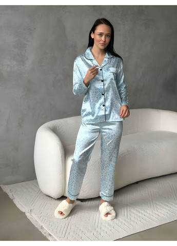 Голубая женская шелковая голубая леопардовая пижама брючная рубашка на пуговицах и брюки No Brand
