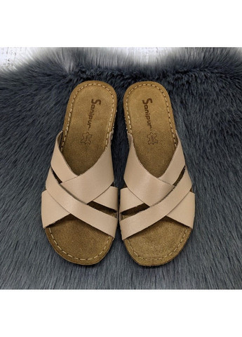 Темно-бежевые шлёпанцы женские кожаные на плоской подошве Sanipur