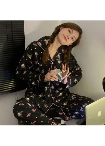 Черная всесезон пижама kuromi подростковая оверсайз брючная в классическом стиле с розовым рубашка + брюки No Brand Піжама підліткова Куромі чорна з рожевим