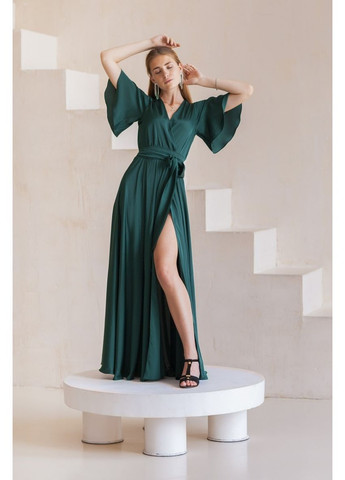 Смарагдова вечірня плаття з спідницею-сонце, на запах, а-силует FashionYouWant однотонна