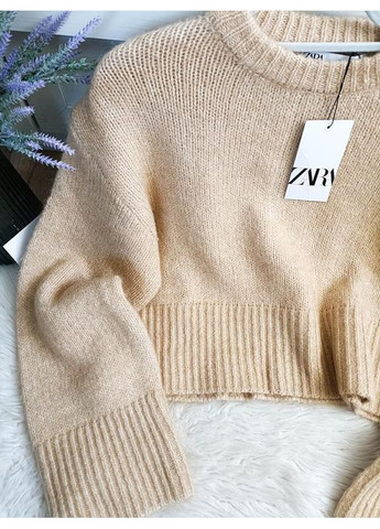 Бежевый демисезонный укороченный трикотажный свитер Zara
