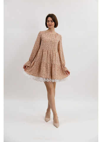 Бежева сукня шифон міні з мереживом принт на беж Bessa
