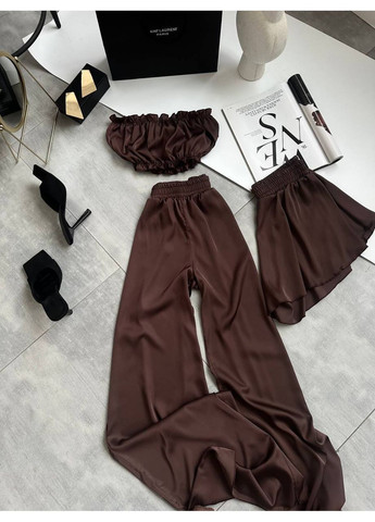 Коричневая всесезон женская пижама топ + шорты + брюки No Brand