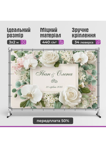 Свадебный баннер для фотозоны 3×2 м с люверсами, литой 440 г/м², №45376 Vinylpex (361032846)