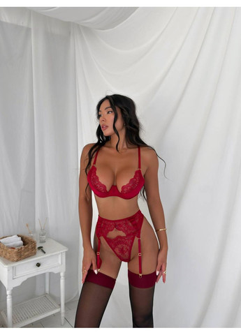 Красный комплект женского белья | нежный кружевной, красное соблазнение Vital-Textile с косточками полиэстер, эластан