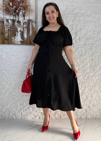 Чорна повсякденний вишукана легка літня повсякденна міді сукня на гудзиках з короткими рукавами ліхтарик Україна однотонна