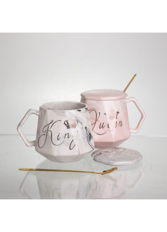 Набір парних порцелянових чашок Queen&King 2 (шт) по 400 (мл) чашки на подарунок із кришкою і ложкою Рожевий з блакитним FM-31 Yiwu (370969194)