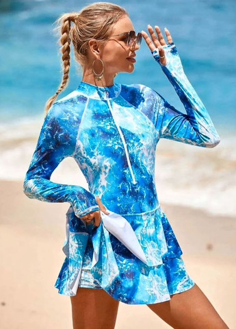 Синій літній жіночий суцільний купальник-сукня uniquebella long sleeve (8449) FS