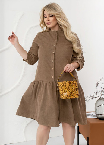 Светло-коричневое праздничный, повседневный, вечернее вельветовое платье-рубашка свободного фасона а-силуэт с длинными рукавами колокол, а-силуэт, рубашка No Brand однотонное