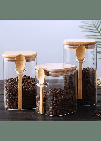 Квадратна скляна банка з дерев'яною ложкою з бамбуковою кришкою 800 мл Hell (303212332)