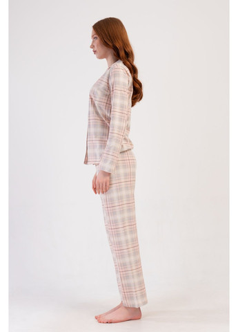 Бежевая зимняя пижама хлопковая женская в клетку сорочка на пуковицах и брюки рубашка + брюки Vienetta