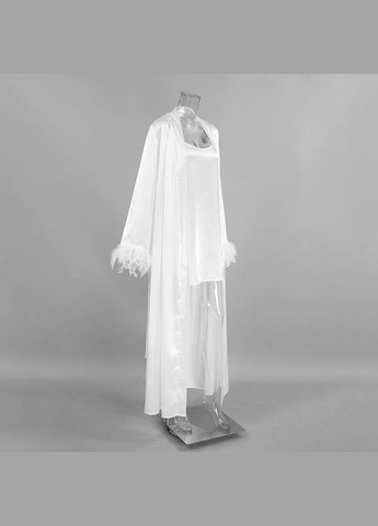 Женский халат атласный длинный с объемным перьями в комплекте с пеньюаром No Brand Халат довгий з пір`ям Feather (340462096)