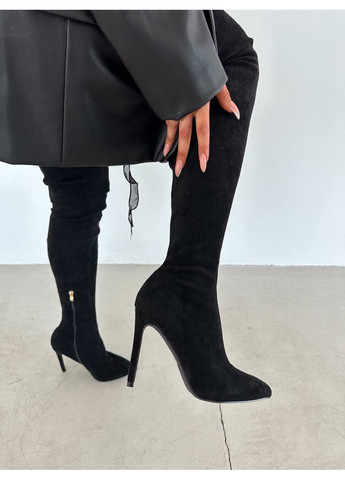 Жіночі стильні трендові ботфорти на шпильці чорний замш No Brand (349812663)