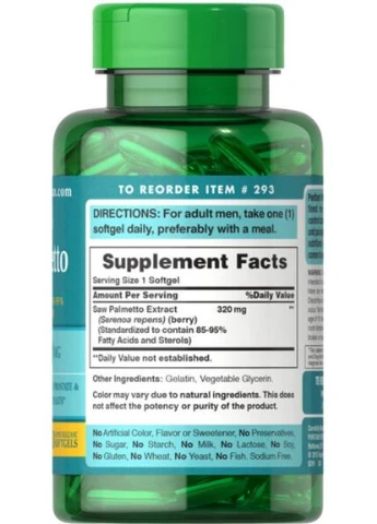 Puritan's Pride Saw Palmetto Standardized Extract 320 mg 60 жидких капсул Puritans Pride (387023667)