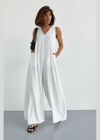 Летний комбинезон свободного фасона Liton комбинезон-брюки однотонный молочный повседневный хлопок, полиэстер