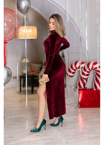 Бордовое праздничный, вечернее вечернее платье макси с разрезом и высокой горловиной силуэтная MonCher
