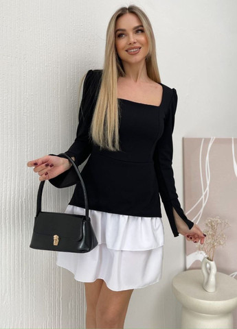 Черно-белое вечернее изысканное приталенное вечернее мини платье с баской и воланами на юбке. с баской Tik-Tak колор блок