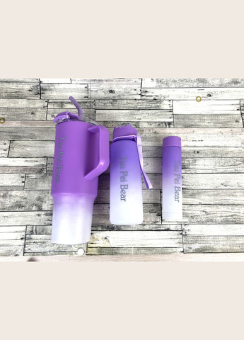 Большой стакан с ручкой и трубочкой + спортивная бутылка с трубочкой + бутылка с крышкой набор 3 в 1 фиолетово-белый No Brand 3652 (314497226)