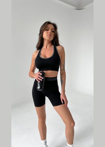 Спортивний жіночий костюм для фітнесу V- з контрастними лініями та ефектом пуш-ап (топ + шорти) Чорний Sport Двійка: топ + подовжені шорти (316634777)