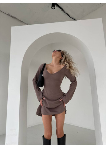 Темно-бежева повсякденний, вечірня, ділова, кежуал жіноча сукня з push up силуетна FINO Mode однотонна