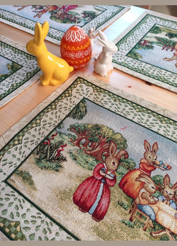 Гобеленові серветки під тарілку Великодні ланчмати з люрексовою ниткою та малюнком з "Пасхальними кроликами" 33х47 Maystat (305664940)