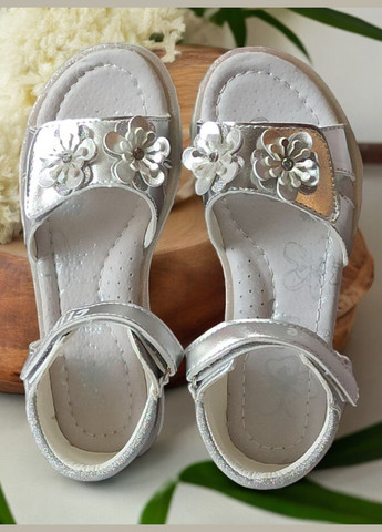 Серебряные кожаные ортопедические босоножки для девочки ав-8 серебряные Clibee