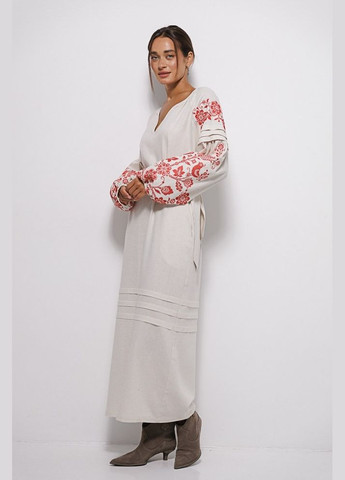 Бежевая длинное платье-вышиванка крестиком бежевое с деревом жизни mkar35198-2 Modna KAZKA (336933871)