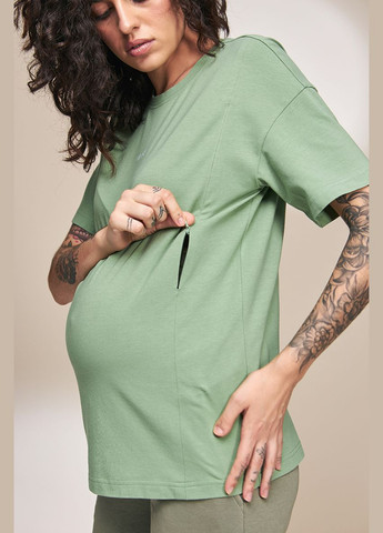 Светло-зеленая стильная футболка для беременных и кормящих мам зеленая Юла мама