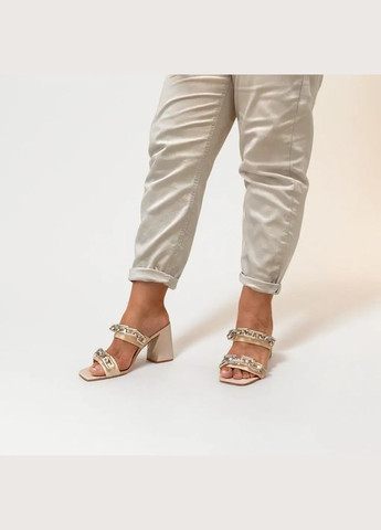 Бежевые женские кожаные босоножки, сабо на каблуке 1060 бежевые L&M без застежки