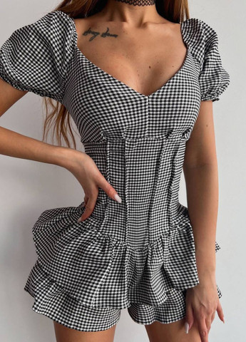 Изысканный приталенный летний комбинезон-шорты с узором, рюшами и короткими рукавами фонарик Україна комбинезон-шорты гусиная лапка чёрно-белого кэжуал хлопок, джинс