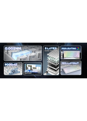 Ігрова Клавіатура R82 HE Rapid Trigger Pink contour Магнітні світчі. Дротова 8000Hz/s. RGB Підсвічування, 80 keys, ATTACK SHARK (370202771)