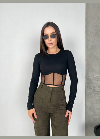 Лонгслів жіночій - кофточка у рубчик з імітацією корсета із сітки JUGO (301580420)