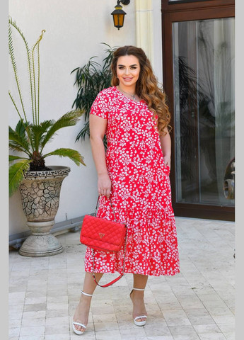 Красное платье большие размеры 50-52-54-56 штапель длинное цветочный принт красное You Best