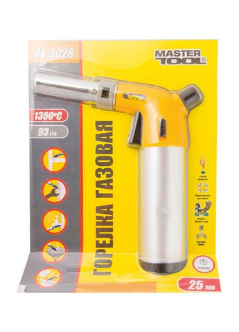 Горелка газовая "Вулкан", резервуар для газа 25 мл, пьезоподжиг, регулятор пламени, предохранитель (44-5026) Mastertool (320576347)