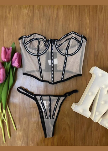 Бежевий демісезонний комплект жіночої спідньої білизни сітчастий з паєтками набір з корсет-бюстьє трусики No Brand Комплект нижньої білизни Rianna
