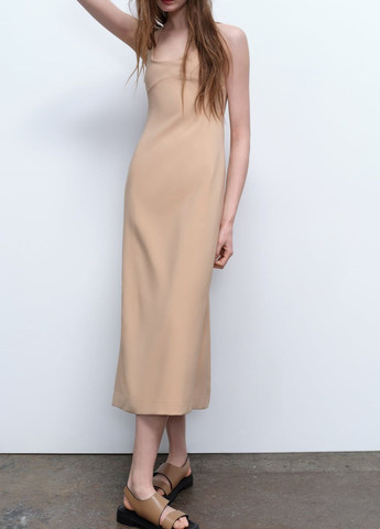 Светло-коричневое вечернее платье Zara однотонное