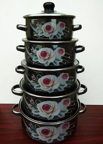Набір комплект емальованого посуду каструль зі скляними кришками 5 штук з малюнком (476587-Prob) Чорнильний Unbranded (285119992)