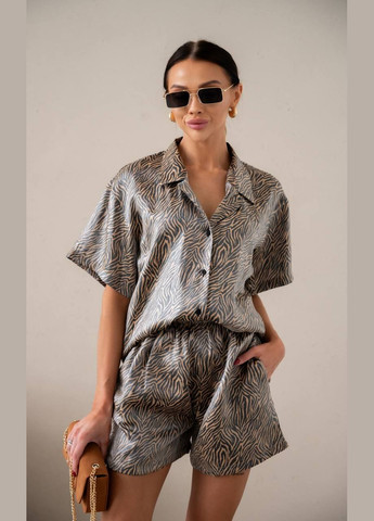 Красивий трендовий костюм зі штапеля з напиленням у розмірі 42-46, літній костюм 2-ка в принт мокко "зебра" (шорти+сорочка) No Brand 241-2 (295349265)