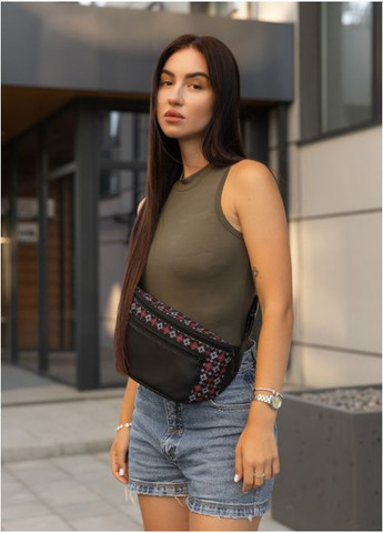 Жіноча поясна сумка бананка з екошкіри Чорна з принтом (2910038617) Sambag (366036762)