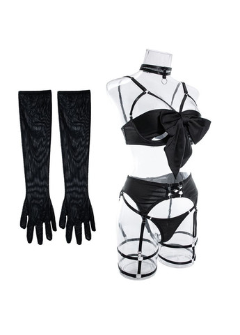 Жіночий набір цукерка чокер бюстгальтер пояс з гартерами трусики рукавички колір червоний No Brand набір цукерка чорний (361895314)