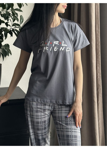 Сіра парні піжами у стилі family look "друзі" футболка та штани в клітину Pijamoni