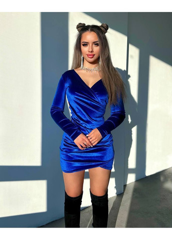 Синее платье 604 качественный королевский бархат со сбором кой,длинный рукав Україна