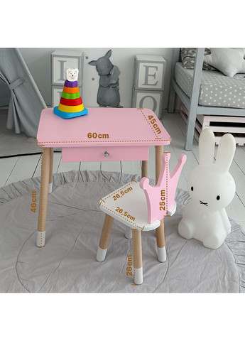 Стіл прямокутний з ящиком 46х60х45 і стілець корона 26х26х24, столик та стільчик в дитячу, рожевий з білим No Brand (335039629)