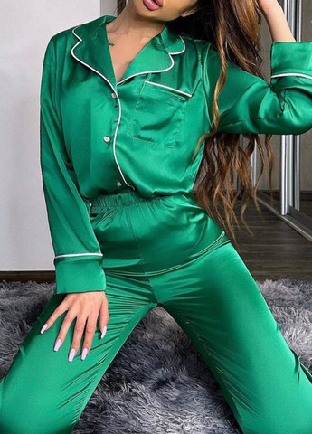 Зелена всесезон шовковий піжамний комплект для сну та дому, піжама двійка жіноча з шовку No Brand